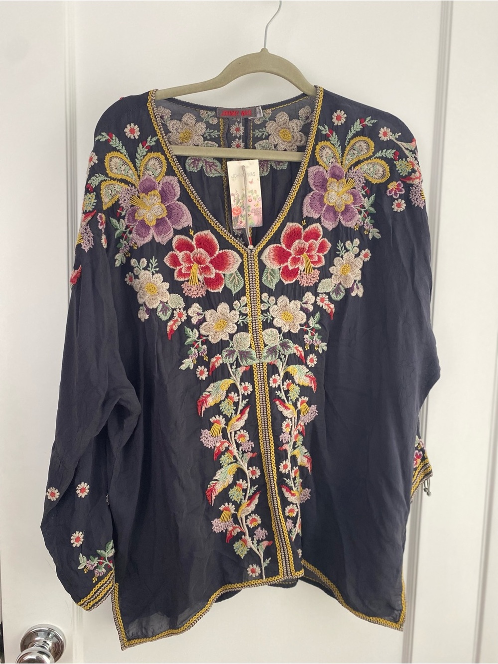 Johnny Was Black Embroidered Floral Tunic with Multicolor Blooms